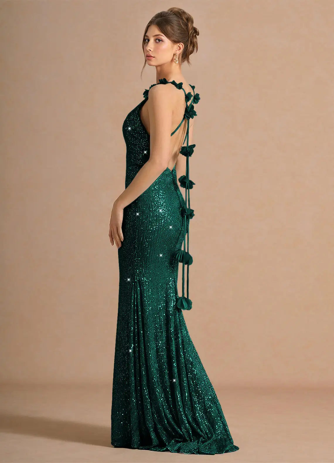 Emerald Green Sequin Mermaid Prom Dress with 3D Floral Back Straps and Deep V Neck for Formal Events and Evening Occasions