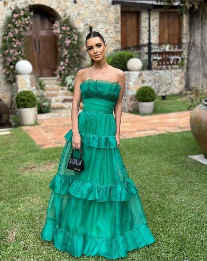 Emerald Green Strapless Tiered Tulle Prom Dress Formal Prom Dress