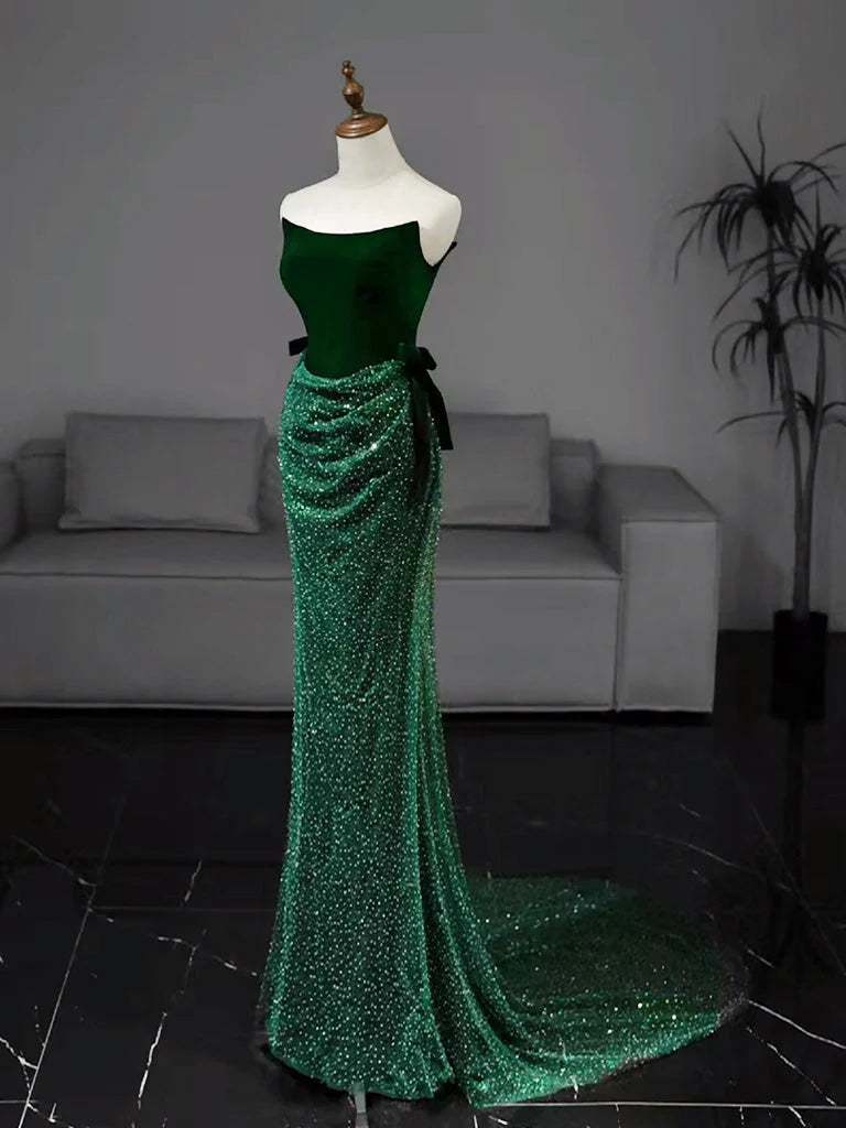 Emerald Green Strapless Velvet Top Sparkly Mermaid Corset Back Prom Dress