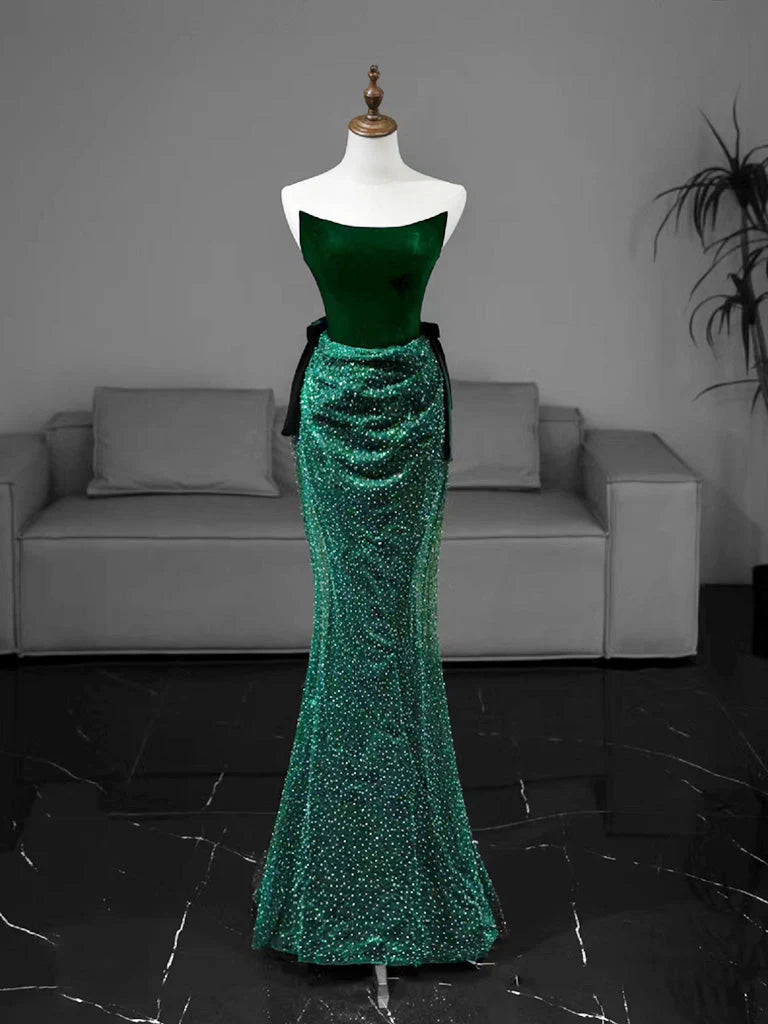 Emerald Green Strapless Velvet Top Sparkly Mermaid Corset Back Prom Dress