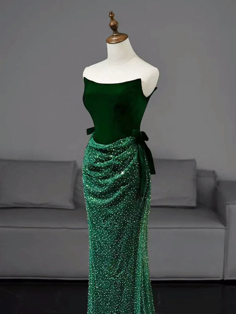 Emerald Green Strapless Velvet Top Sparkly Mermaid Corset Back Prom Dress