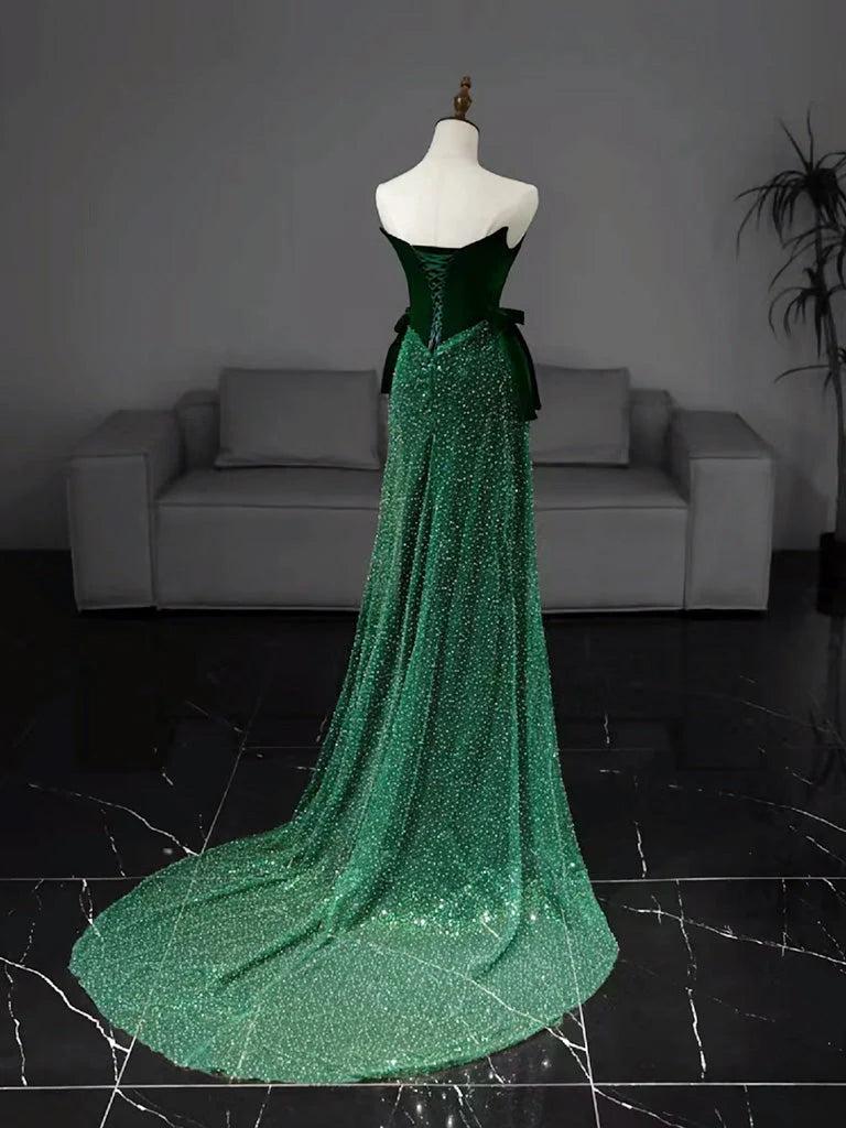 Emerald Green Strapless Velvet Top Sparkly Mermaid Corset Back Prom Dress