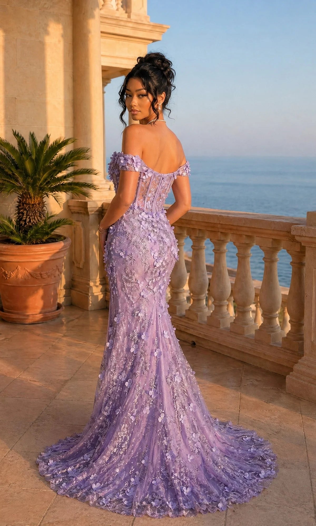 Enchanting Mermaid Off The Shoulder Short Sleeve Corset 3D Floral Sequin Maxi Prom Dress with Slit and Train for Formal Events