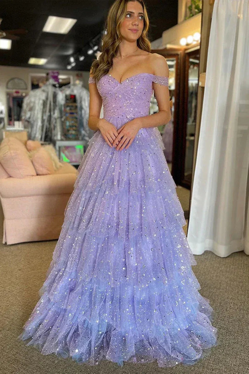 Enchanting Off The Shoulder Sweetheart Sequin Tiered Tulle A-Line Maxi Prom Dress