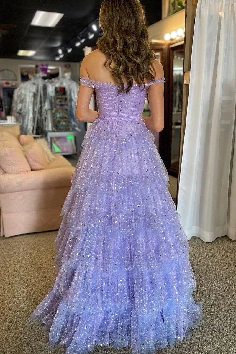 Enchanting Off The Shoulder Sweetheart Sequin Tiered Tulle A-Line Maxi Prom Dress