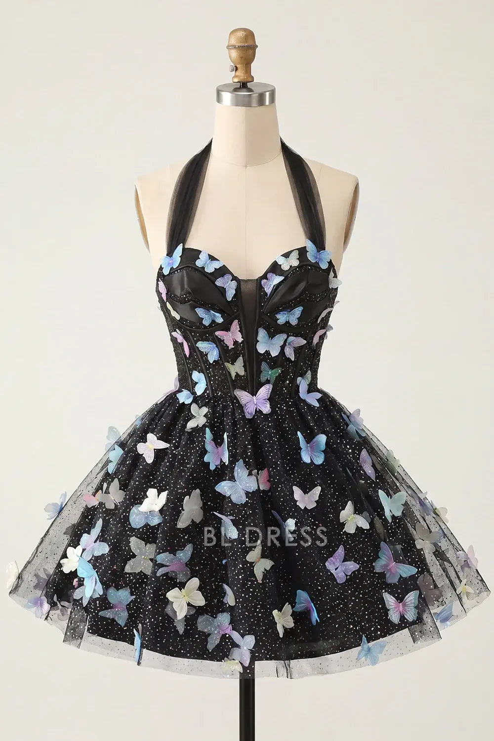 Enchanting A-Line Halter Sleeveless Butterfly Glitter Black Short Homecoming Dress