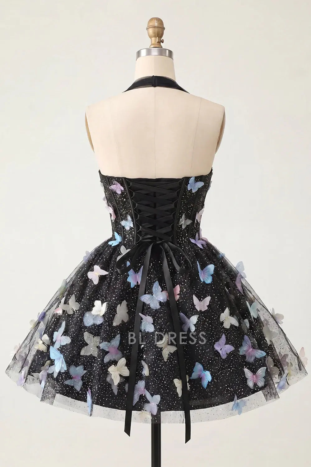 Enchanting A-Line Halter Sleeveless Butterfly Glitter Black Short Homecoming Dress