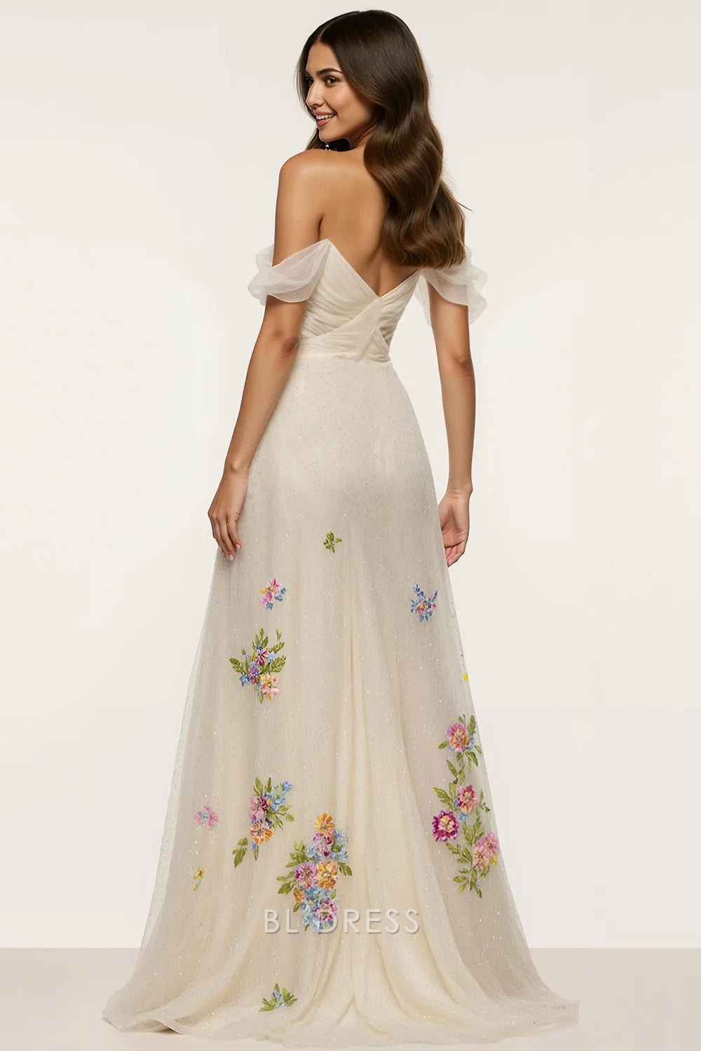 Enchanting A-Line Off-Shoulder Flutter-Sleeve Floral-Embroidered High Slit Ivory Prom Gown