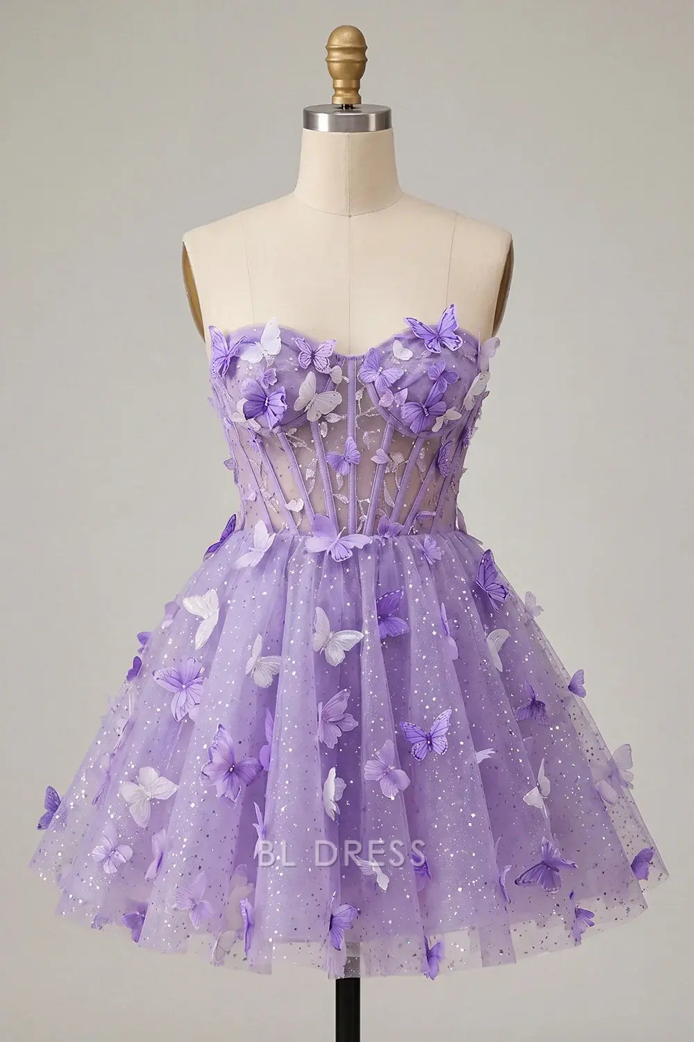 Enchanting A-Line Strapless Sleeveless Butterfly Glitter Lilac Short Homecoming Dress for Girls