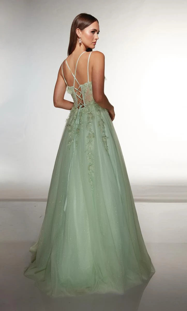 Enchanting A-Line Sweetheart Sleeveless Embroidered Glitter Sage Green Floor-Length Prom Gown