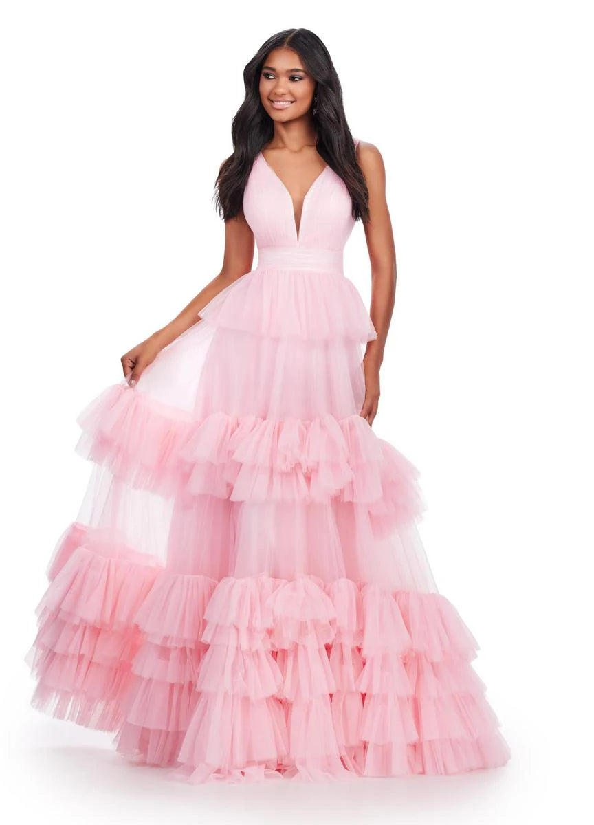 Enchanting A-Line V-Neck Sleeveless Tiered Ruffle Baby Pink Floor-Length Prom Gown