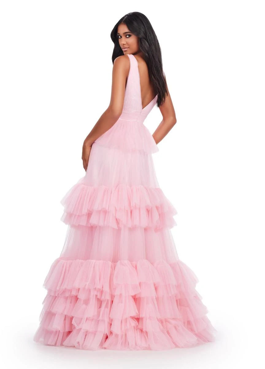 Enchanting A-Line V-Neck Sleeveless Tiered Ruffle Baby Pink Floor-Length Prom Gown