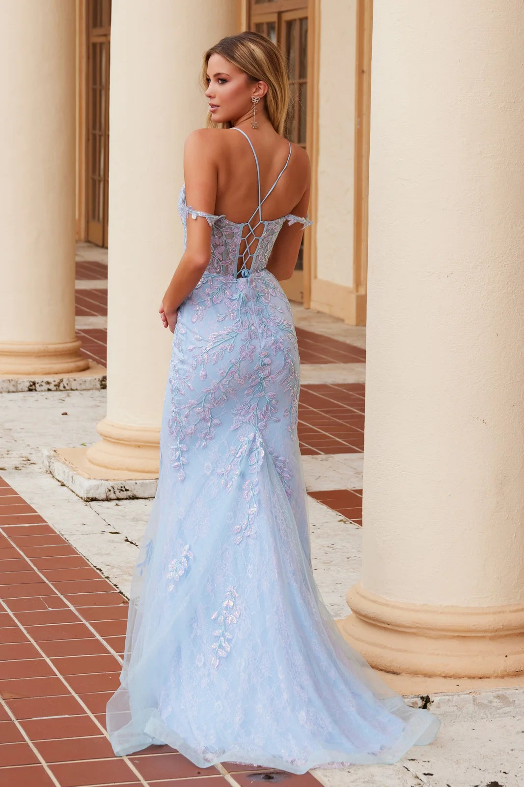Enchanting Mermaid V-Neck Off-Shoulder Floral Sequin Light Blue Long Prom Dress