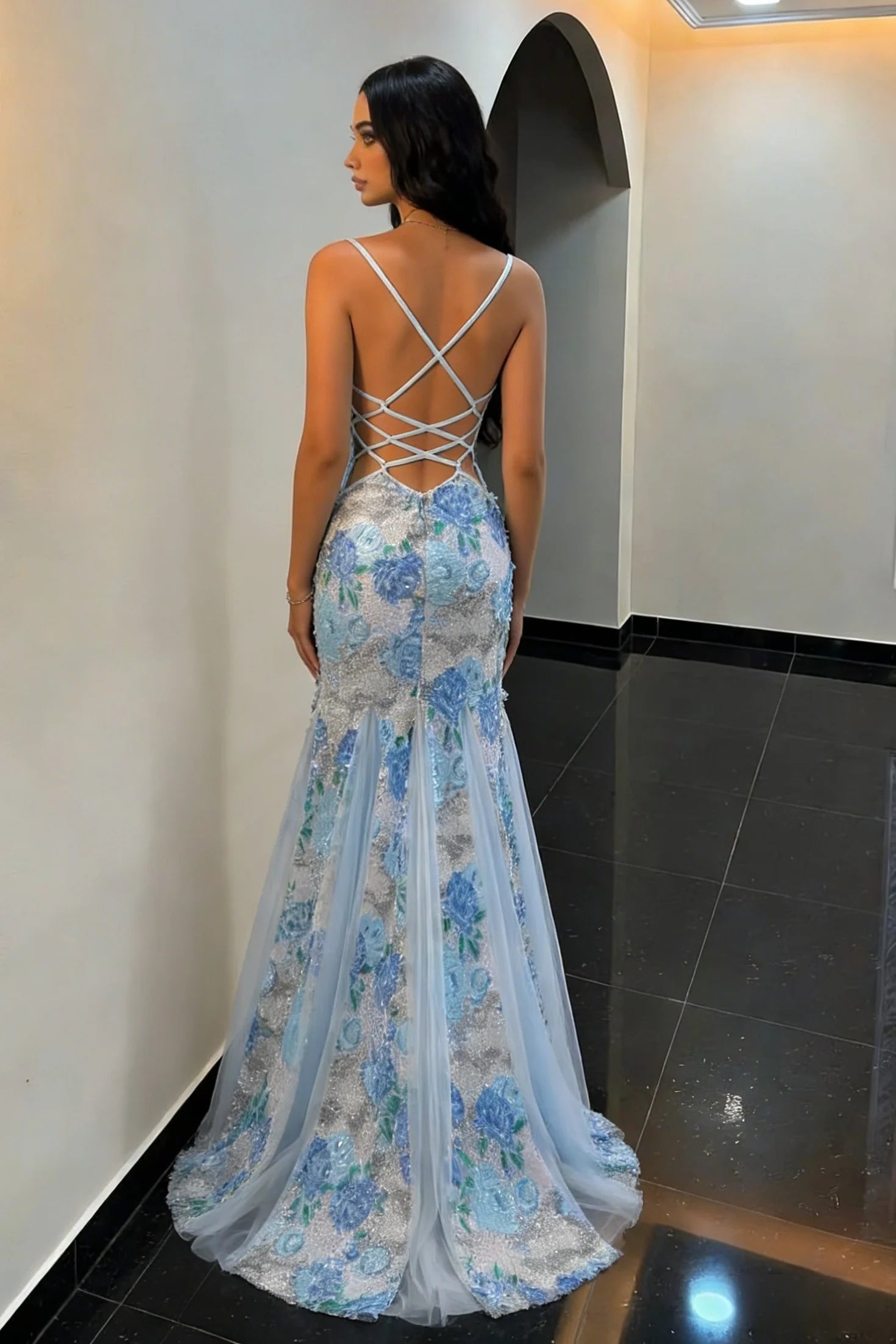 Ethereal Spaghetti Strap Blue Floral Sequin Mermaid Prom Dress with Crisscross Back and High Slit