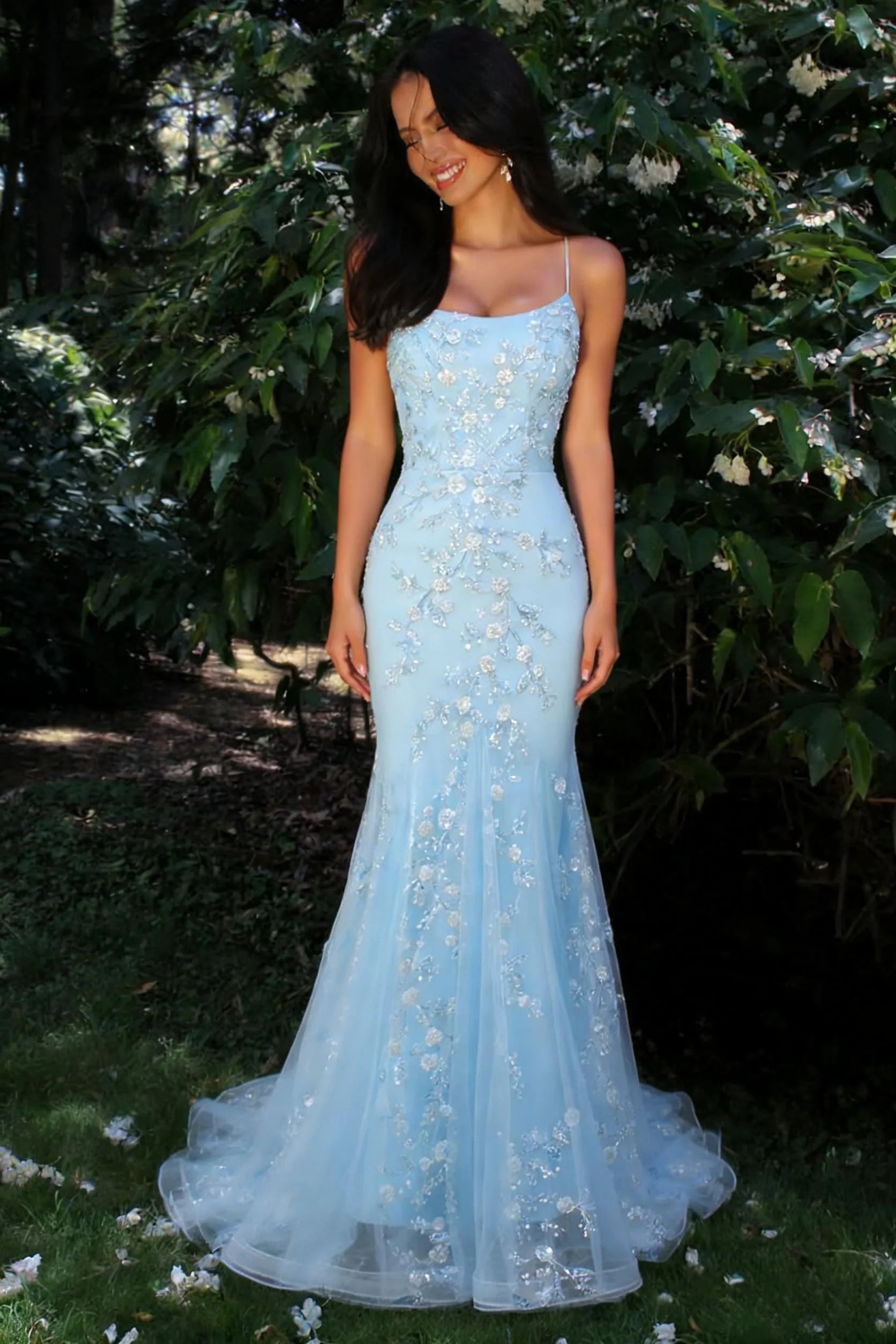 Ethereal Spaghetti Strap Floral Beaded Tulle Mermaid Prom Dress with Sweep Train