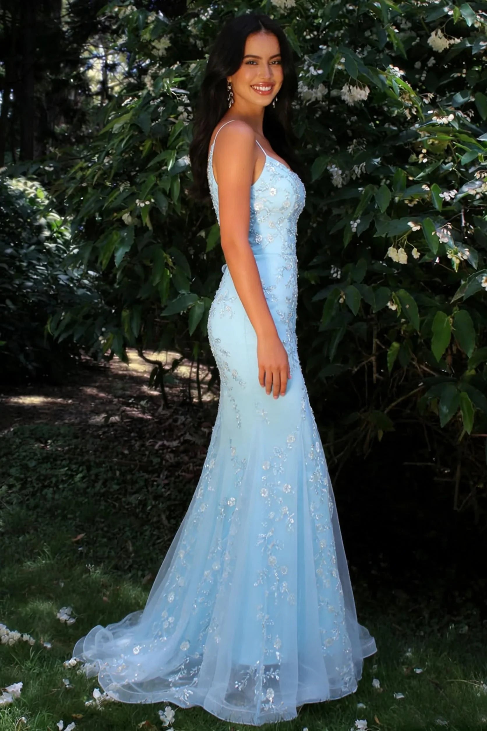 Ethereal Spaghetti Strap Floral Beaded Tulle Mermaid Prom Dress with Sweep Train