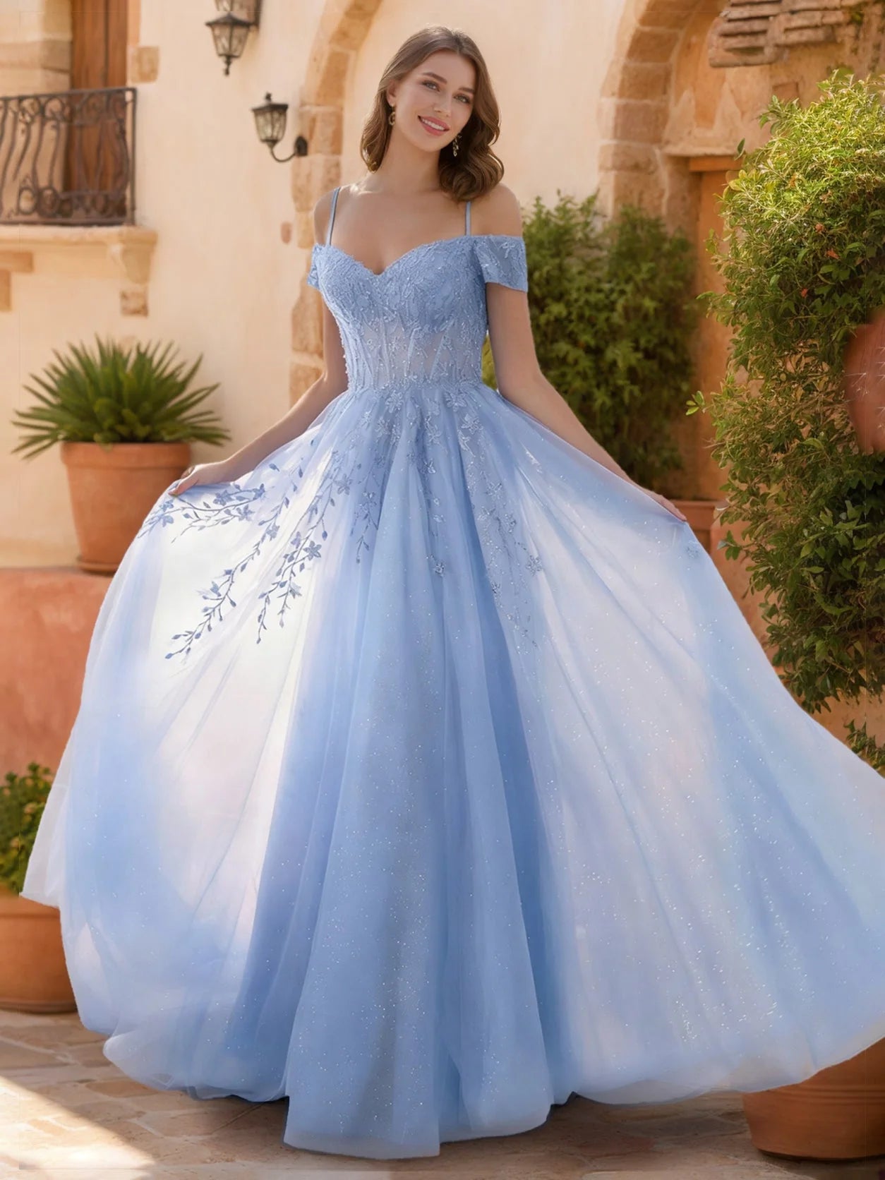 Ethereal A-Line Sweetheart Off-Shoulder Sparkly Sky Blue Floor-Length Prom Dresses For Her