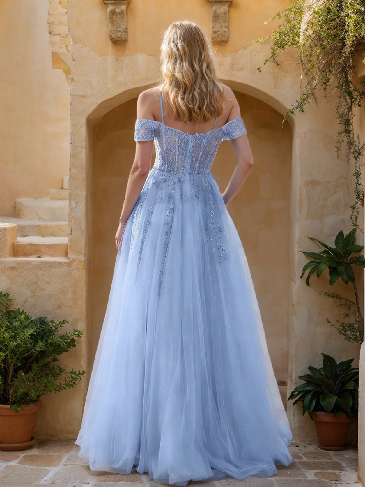 Ethereal A-Line Sweetheart Off-Shoulder Sparkly Sky Blue Floor-Length Prom Dresses For Her