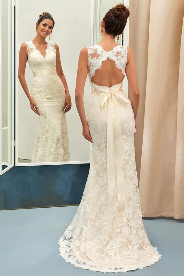 Exquisite V-neck lace mermaid sheath wedding gown with sashes.