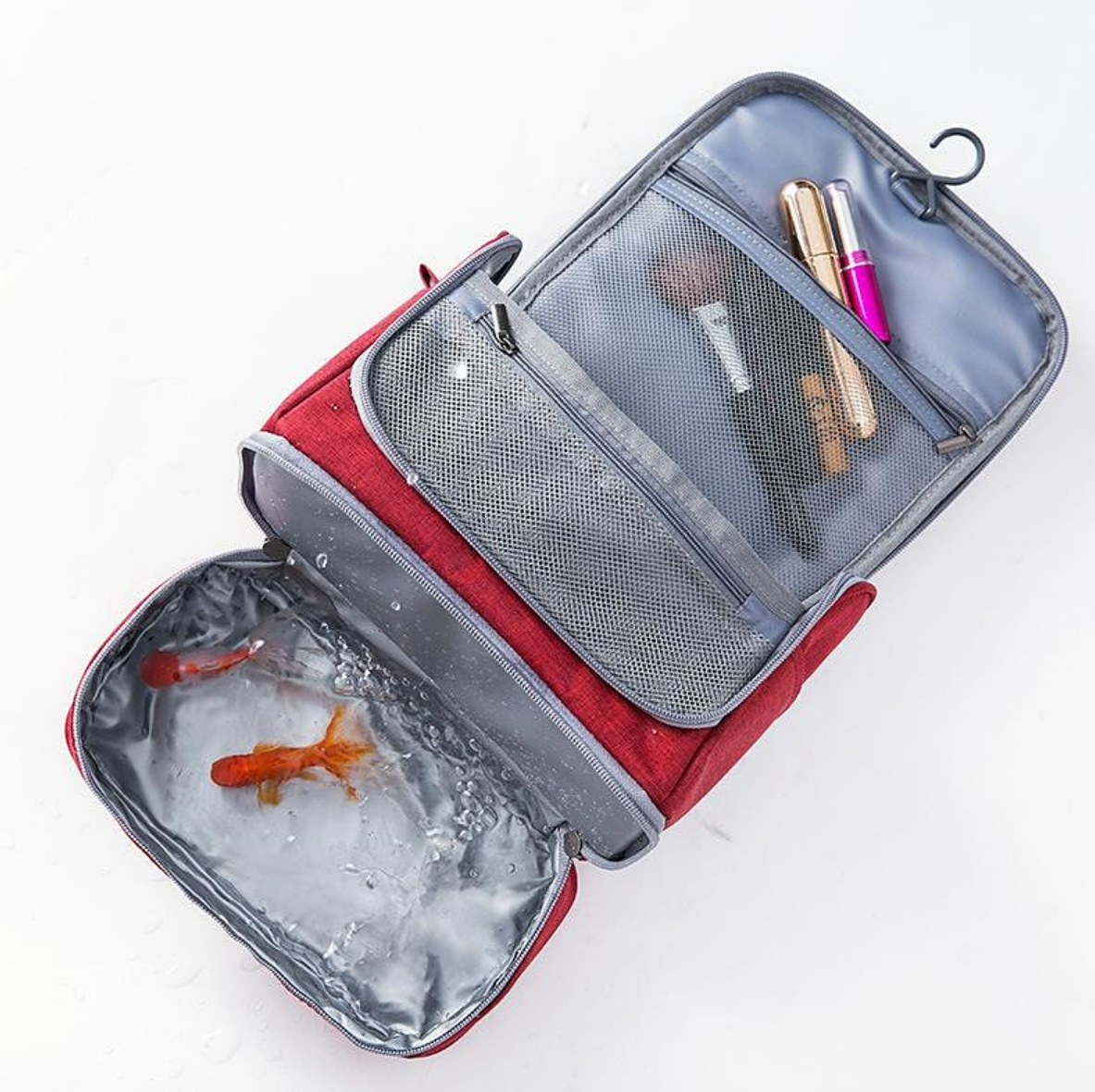 Extra large hanging toiletry bag, closed view.