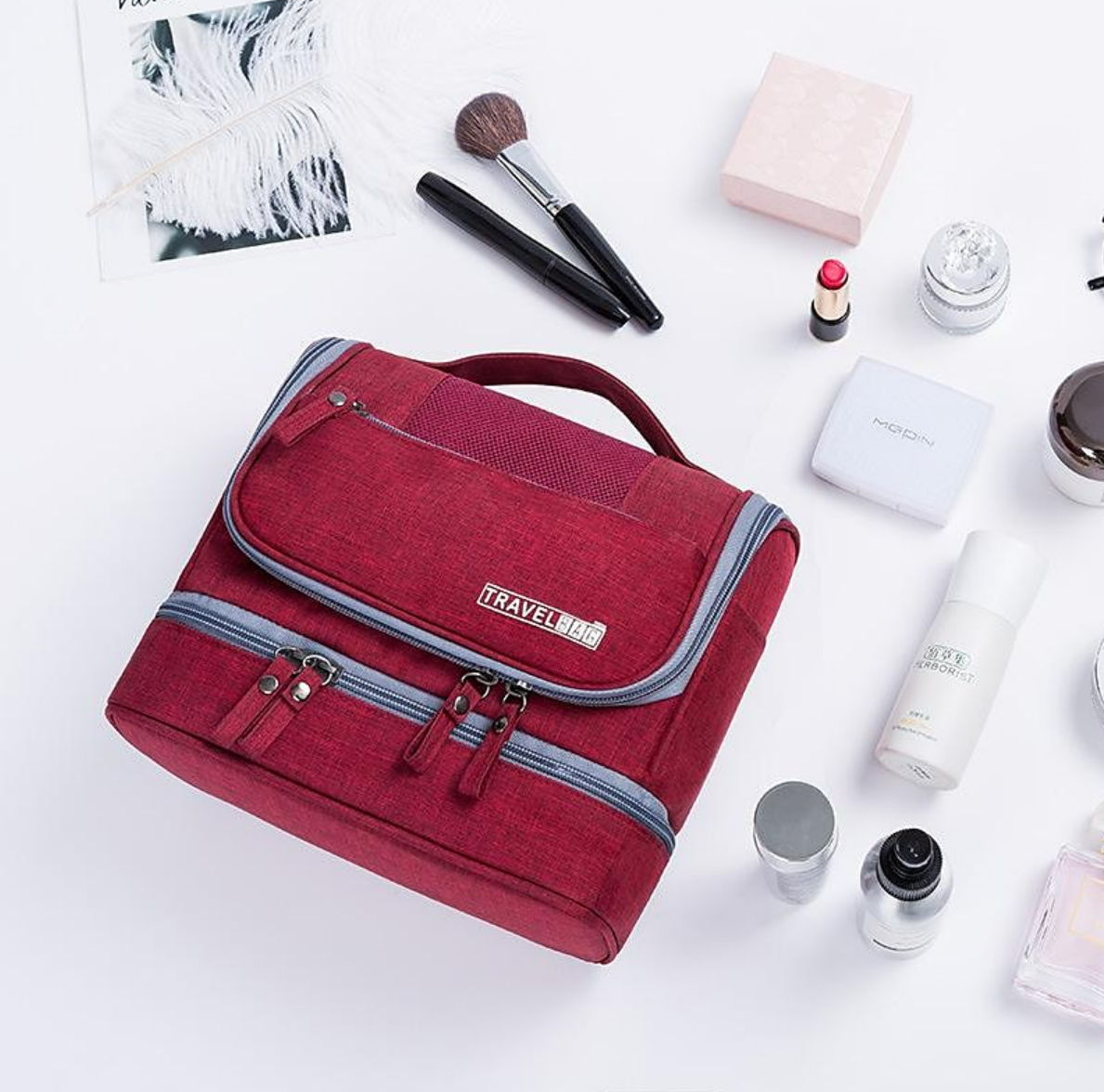 Waterproof travel organizer bag, side view.