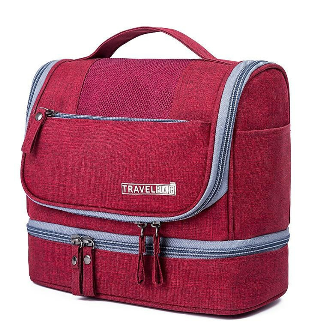 Compact folded view of the hanging toiletry bag.