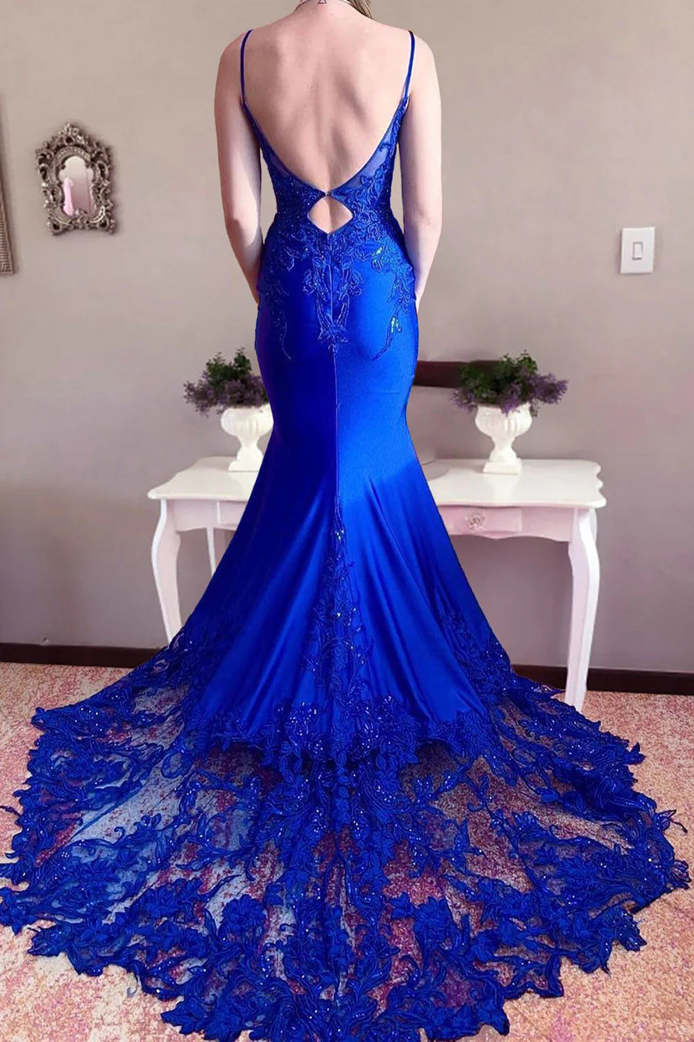 Mermaid Spaghetti Appliques Straps Long Prom Dress