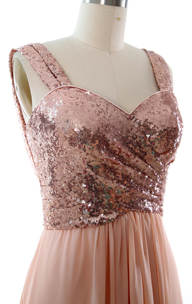 Träger Pailletten Chiffon Langes Brautjungfernkleid