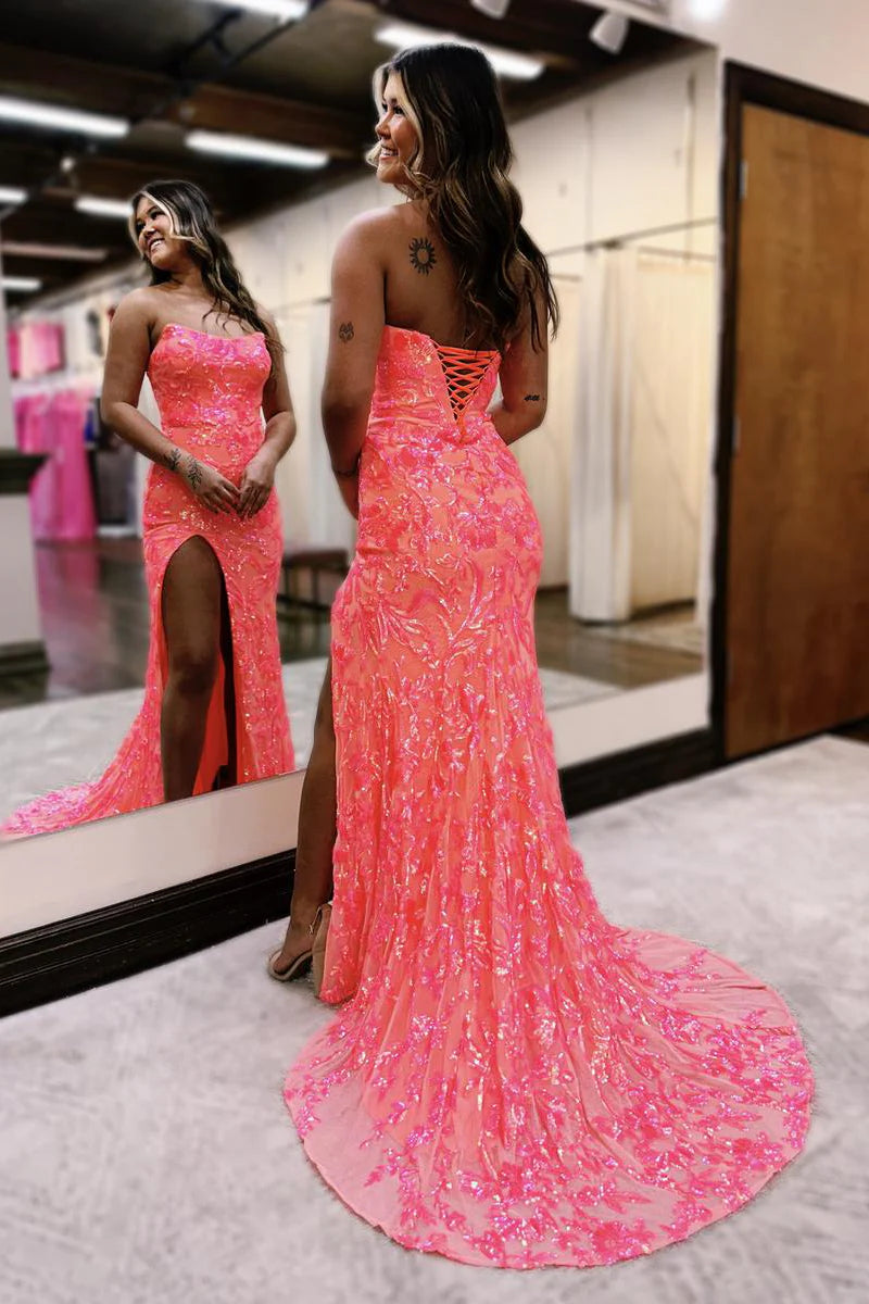 Mermaid Strapless Sequins Long Prom Dress with Slit
