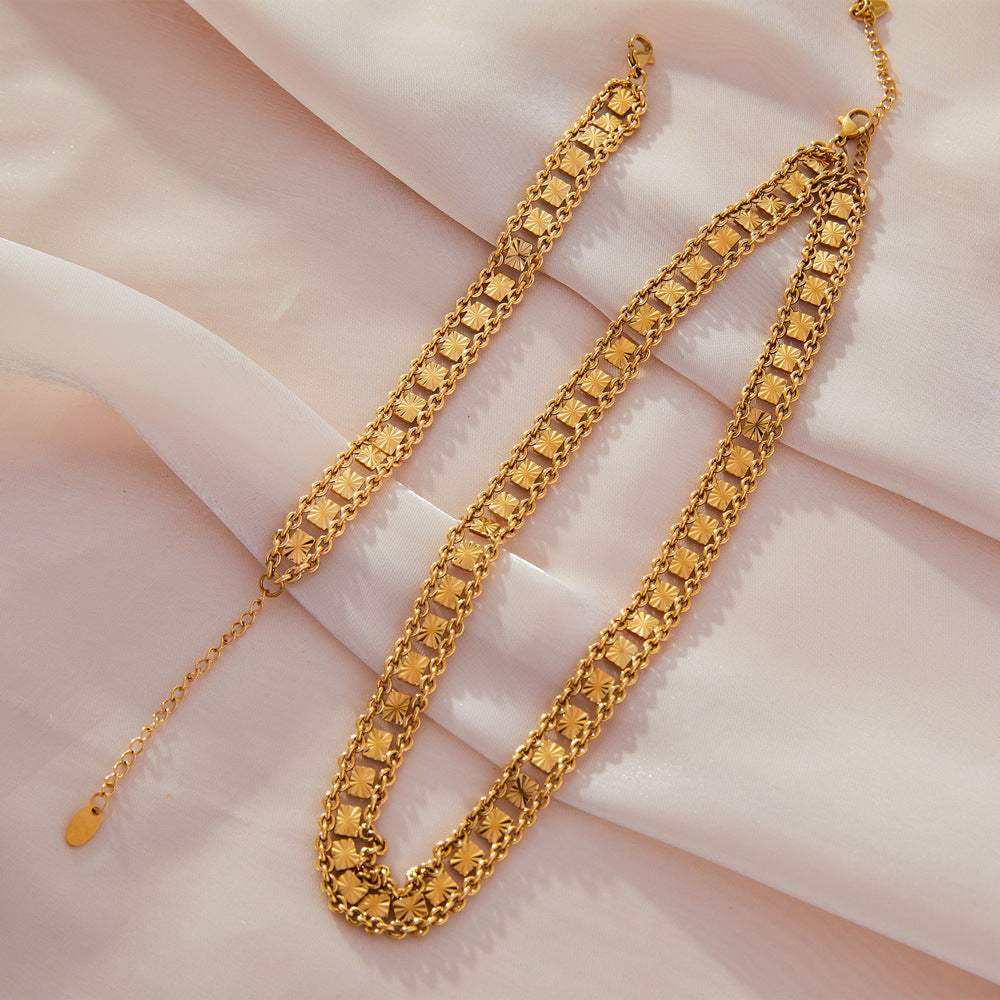 Retro new multi-layer stitching wide necklace bracelet female copper plated gold geometric niche set