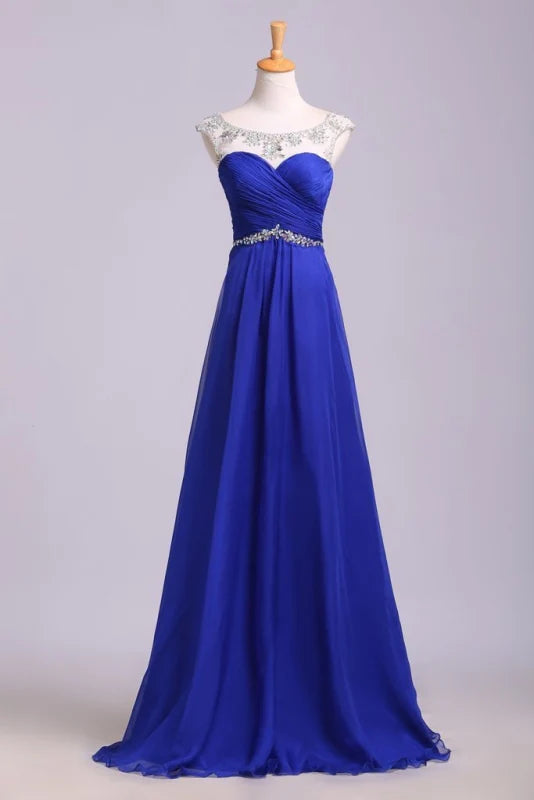 Floor Length Chiffon Belt Prom Dress with Pleats