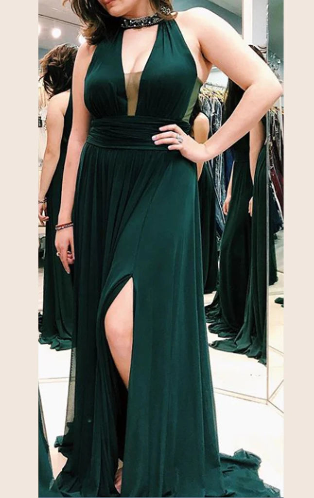 Neckholder-Ballkleid mit tiefem V-Ausschnitt und langem Schnitt