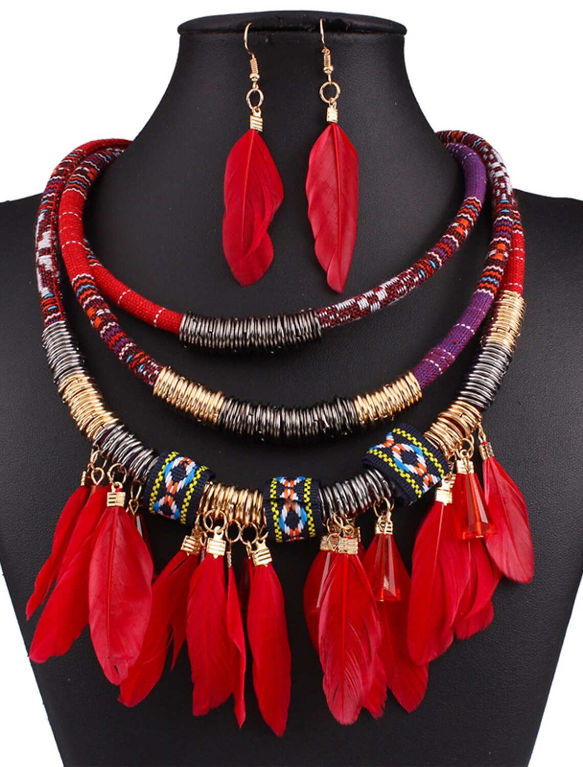 Woman wearing feather drop earrings and a matching statement necklace.