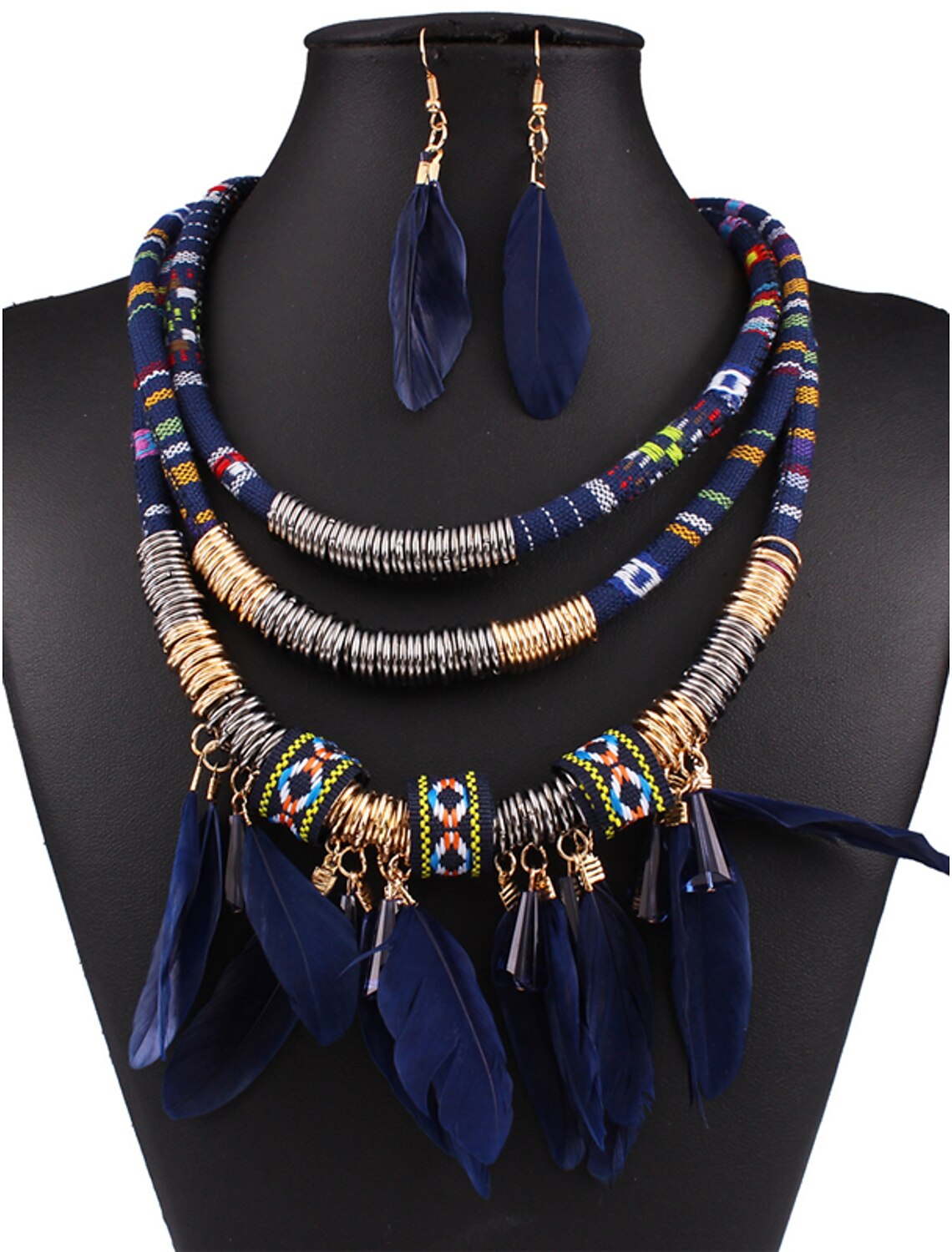 Close-up of feather drop earrings on a woman.