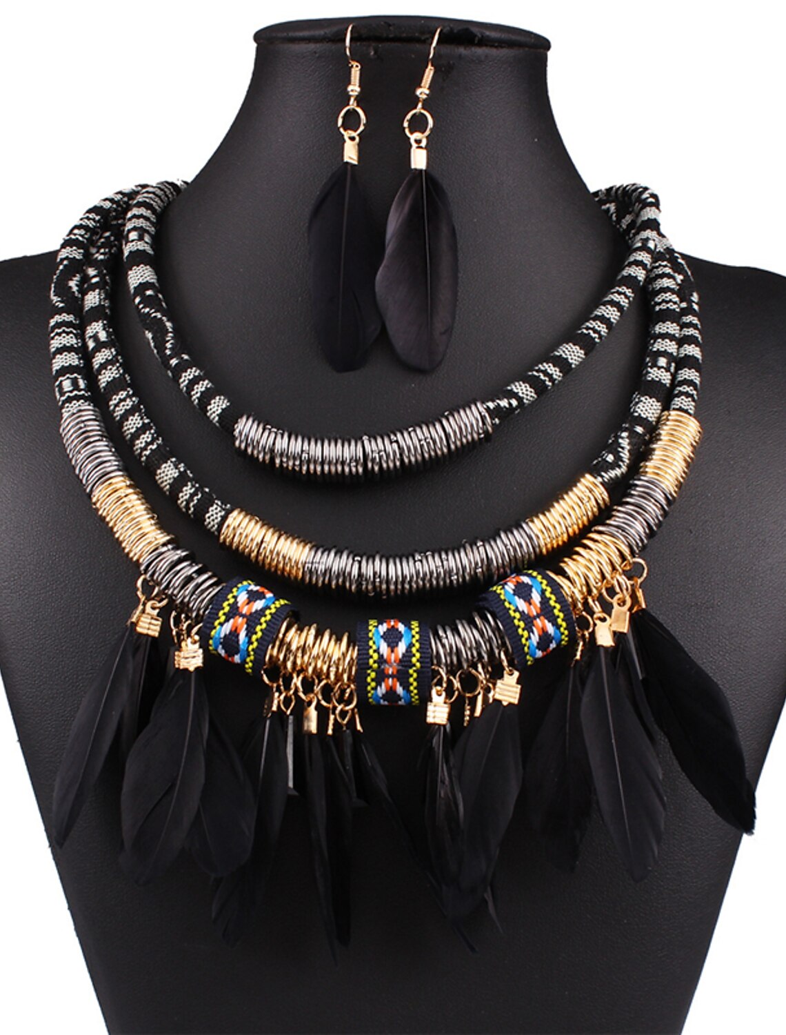Woman modeling the feather statement necklace.