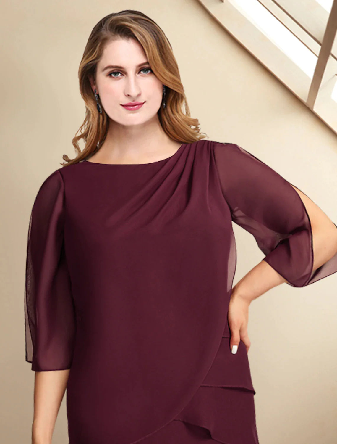 Side view of a formal ankle-length plus size dress with delicate ruffles.