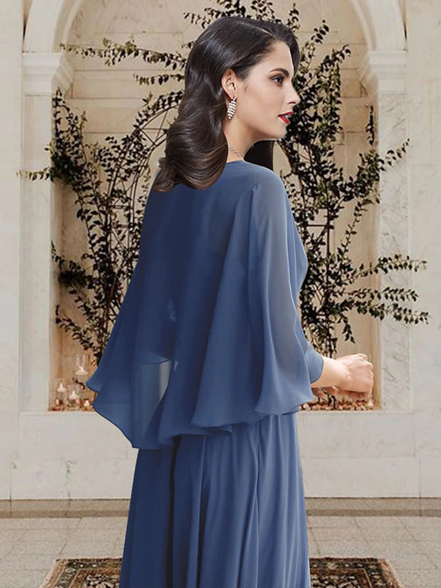 Floor-length chiffon Mother of the Bride gown featuring a V-neck and half sleeves.