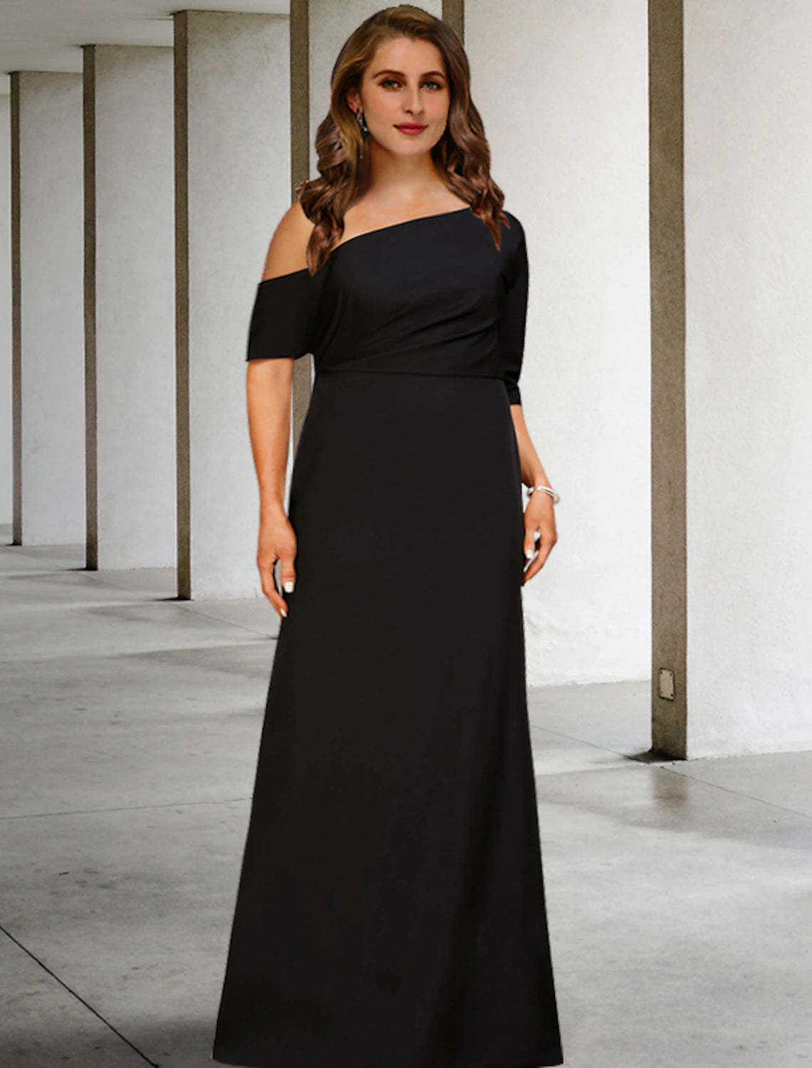 Plus size A-line Mother of the Bride gown with one shoulder 3/4 sleeve and ruched detail.