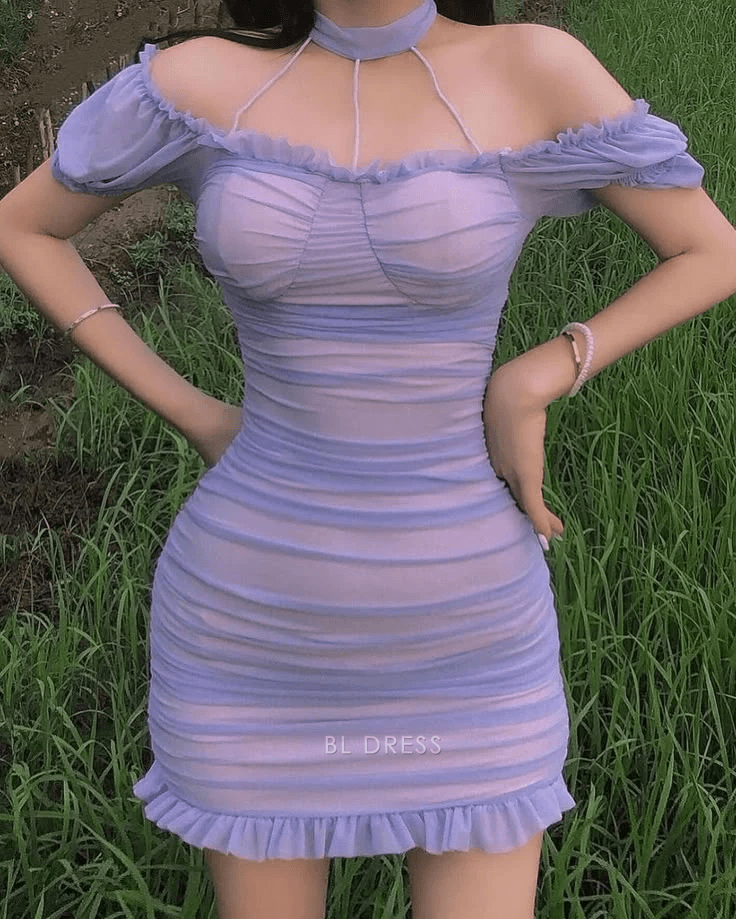 Flirty Ruched Off-Shoulder Halter Short Sleeve Lavender Mini Homecoming Dresses