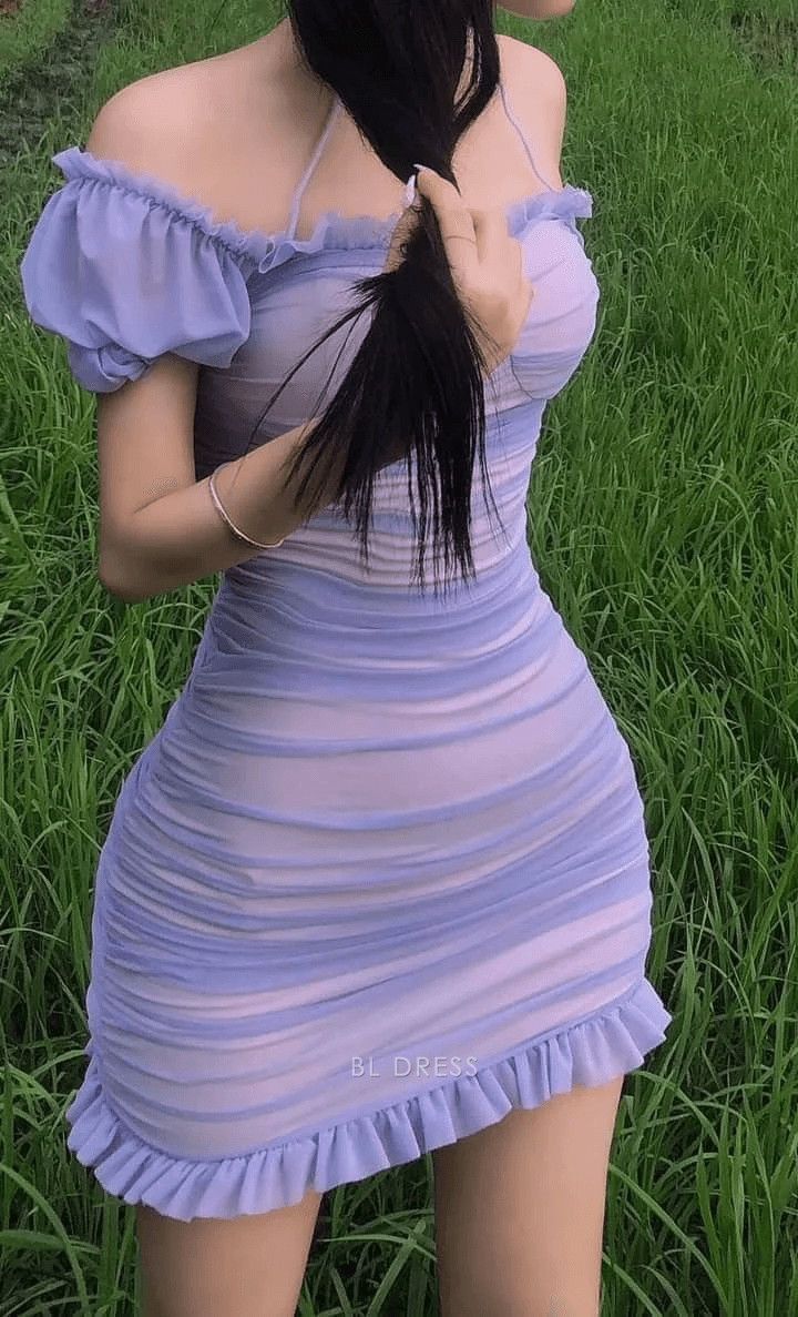 Flirty Ruched Off-Shoulder Halter Short Sleeve Lavender Mini Homecoming Dresses
