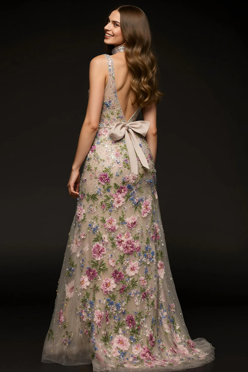 Floral Embroidered Prom Dress With Choker Neckline And High Slit Tulle A Line Silhouette For Formal Evening Party
