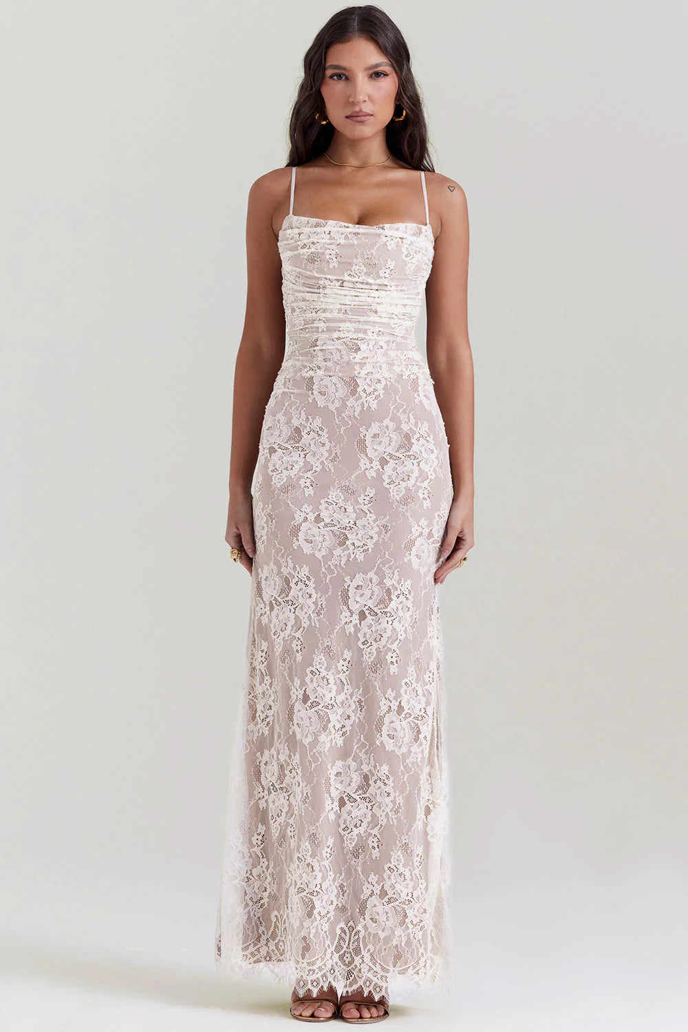Floral Lace Spaghetti Strap Corset Back Mermaid Floor Length Prom Dress