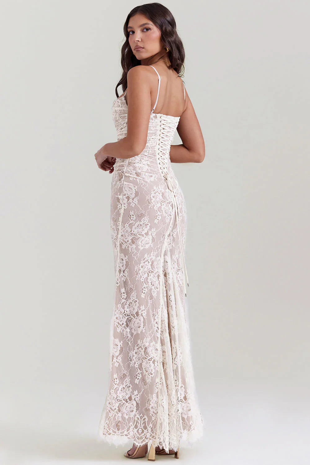 Floral Lace Spaghetti Strap Corset Back Mermaid Floor Length Prom Dress