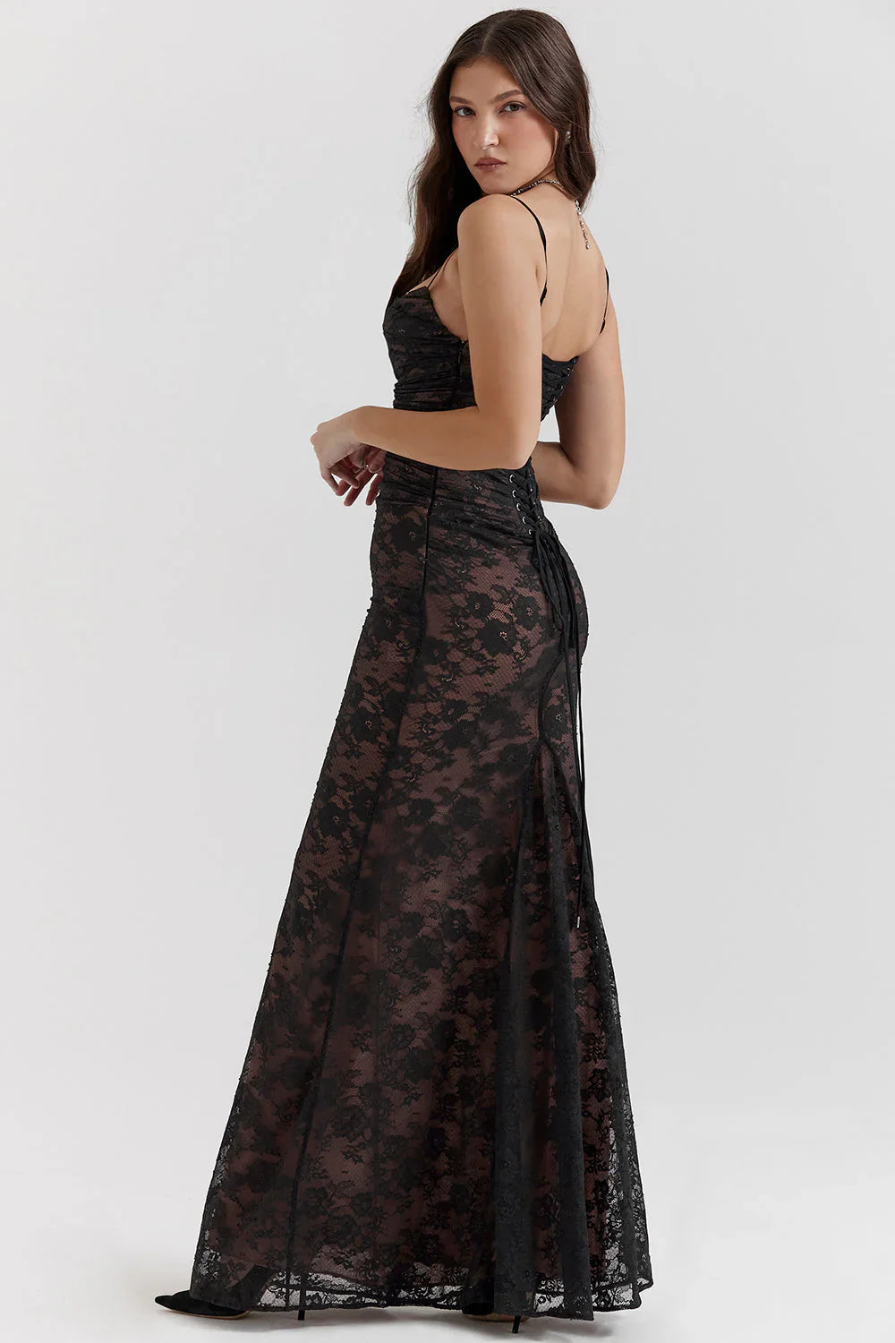 Floral Lace Spaghetti Strap Corset Back Mermaid Floor Length Prom Dress