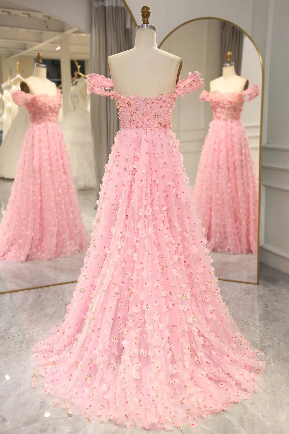 A-line 3D Flowers Off The Shoulder Long Prom Dress
