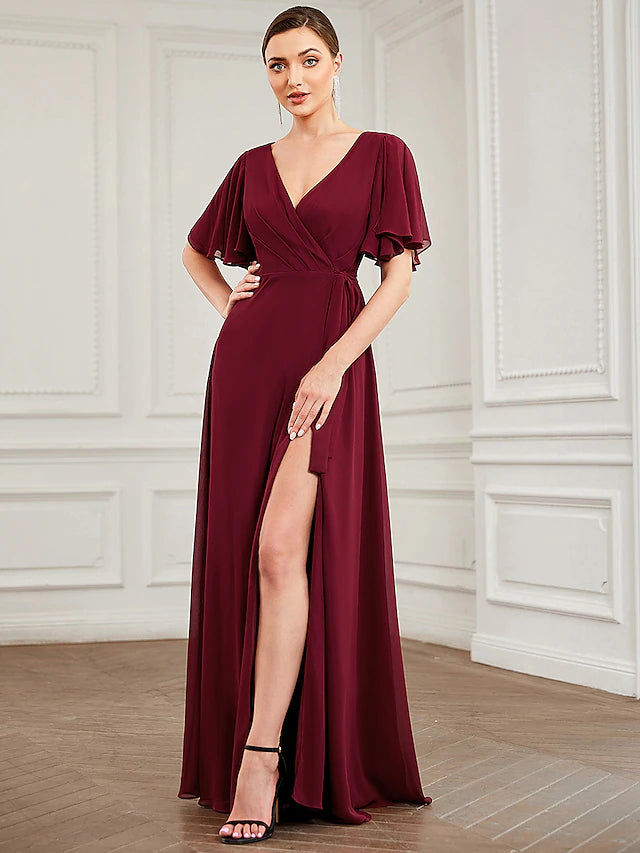 Elegant A-line chiffon bridesmaid dress with V-neck and short sleeves.