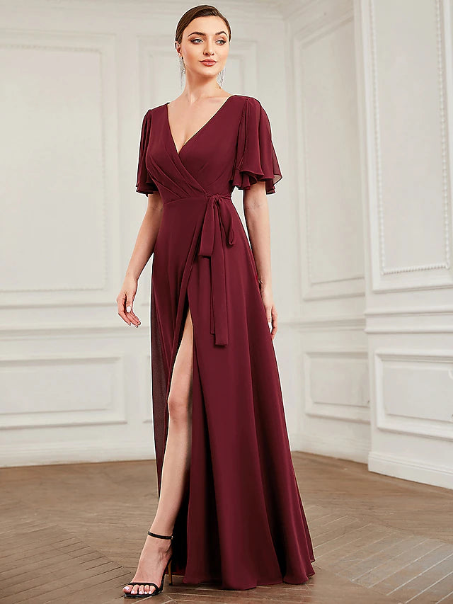 Side profile of a flowy chiffon bridesmaid gown, showing the elegant silhouette.