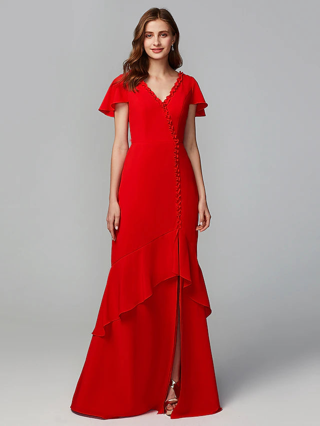 Elegant chiffon sheath bridesmaid dress with V-neck and short sleeves.