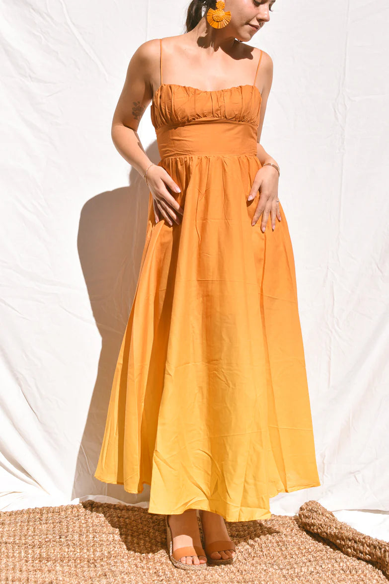 Flowy A Line Spaghetti Strap Ruched Open Back Maxi Prom Dress with Pockets for Formal Events
