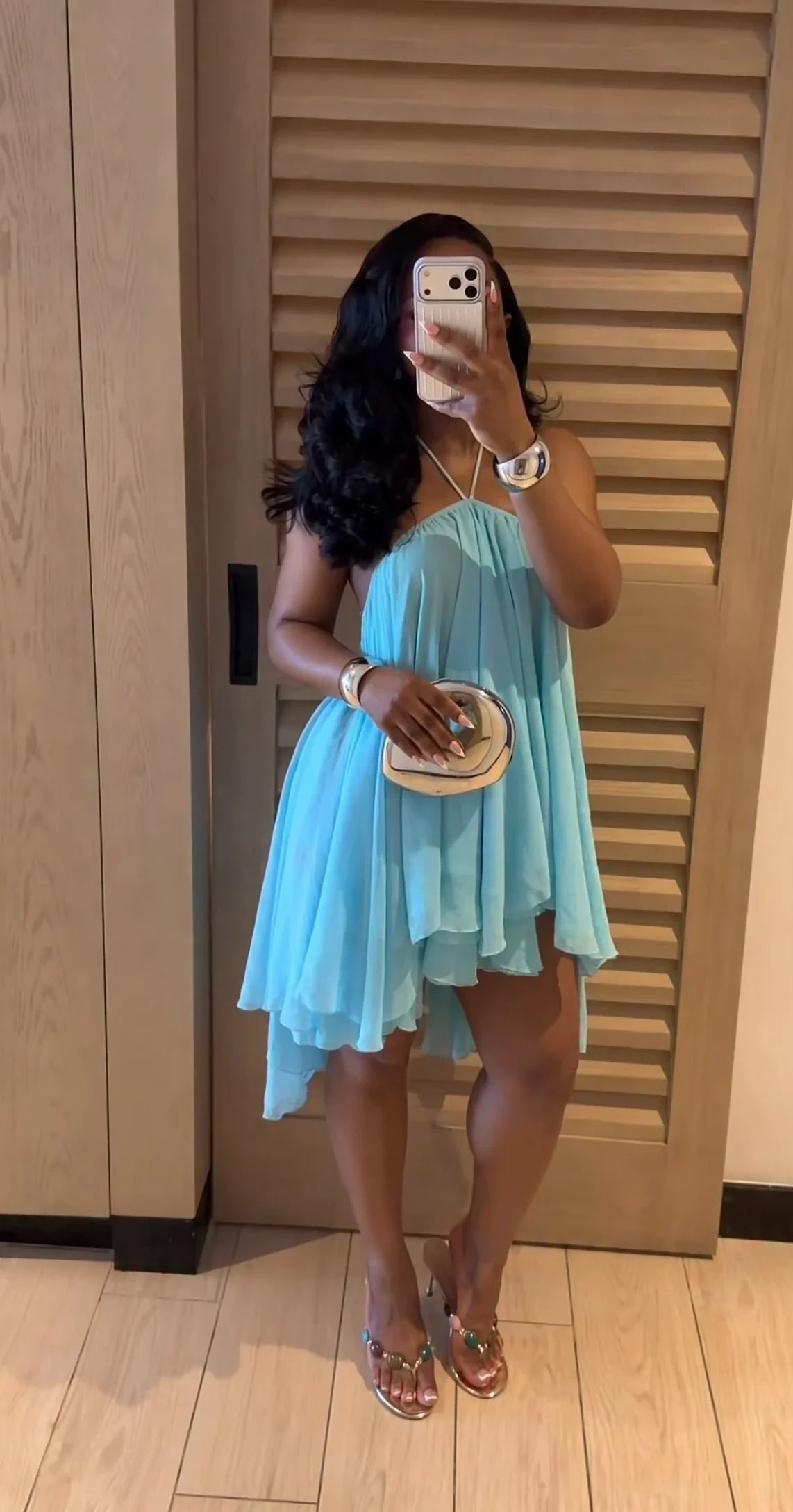 Flowy A-Line Halter Sleeveless Ruffled Asymmetrical Aqua Blue Short Homecoming Dresses